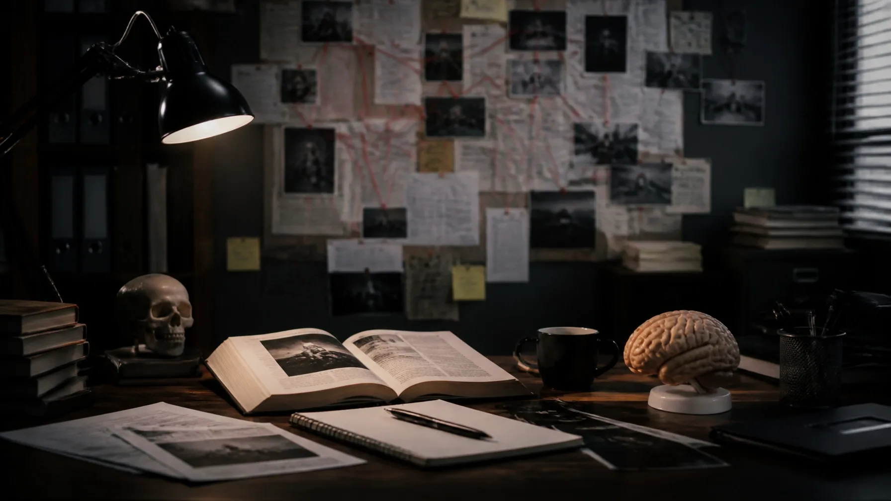 A research desk with case files, a skull model, and a brain model under a desk lamp